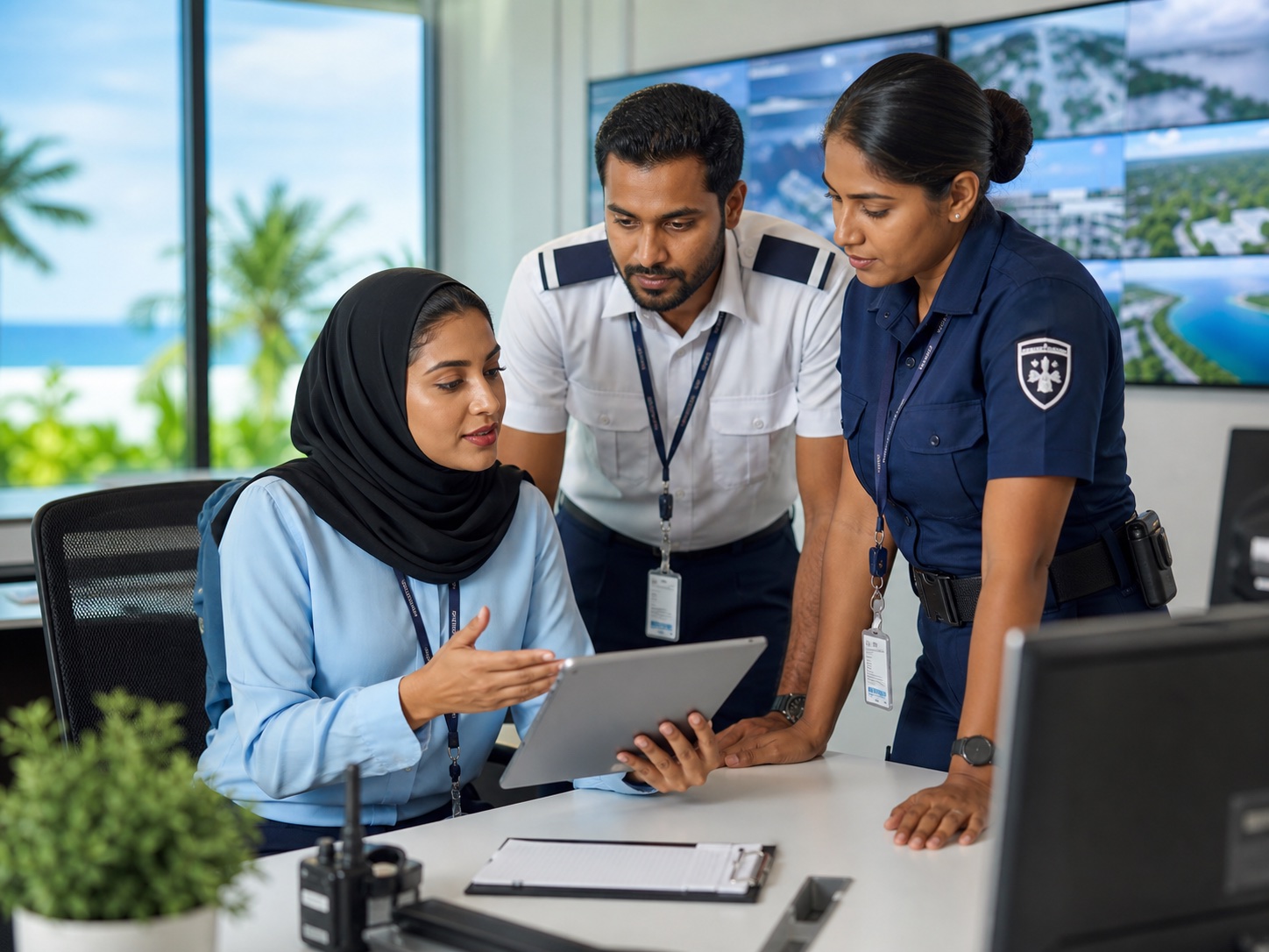 A mixed Maldivian operations team reviewing a patrol exception in a control room