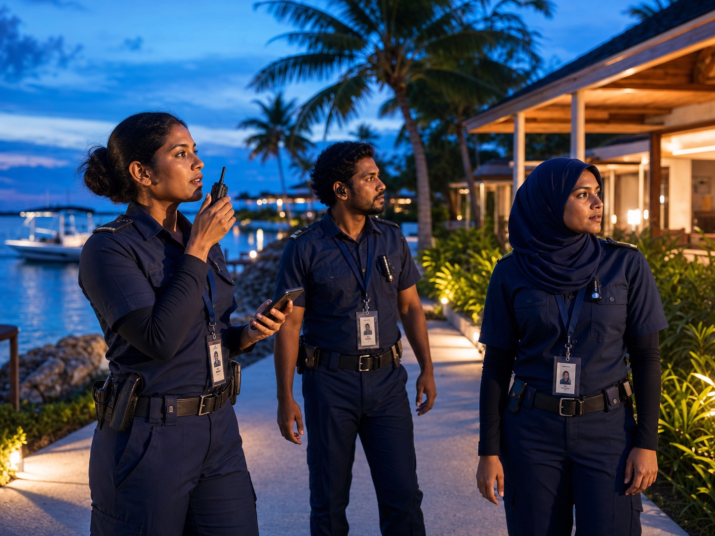 A mixed Maldivian security team coordinating a patrol response at blue hour along a resort path